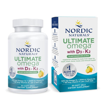 Nordic Naturals Ultimate Omega Plant Based Vitamin with Vitamin D3+K2-60 Vegetarian Soft Gels - 1210 mg Omega-3s Plus 2000 IU D3 and 90 mcg K2