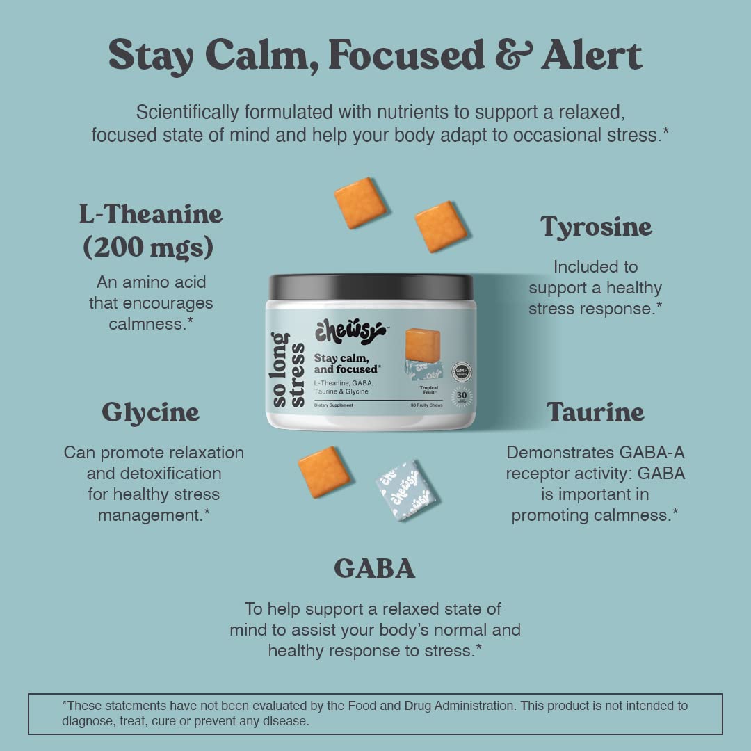 Chewsy So Long Stress, Calm Fruity Chews, Stay Calm & Focused. w/L-theanine, Amino Acid, GABA, Glycine, Tyrosine, Taurine & Magnesium. Non-GMO and Gluten-Free. Tropical Fruity Chews, 30-Day Supply CHEWSYBuy Supplements Australia