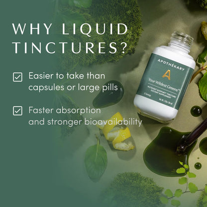 Apothékary Your Wildest Greens Herbal Liquid Drops, All-in-One Daily Superfood Supplement, Vitamin & Mineral Support, 5X Potency of Greens Powders, Sugar Free, Calorie Free, (15 Servings) 1.22oz ApothékaryBuy Supplements Australia