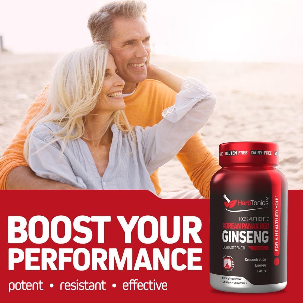 Herbtonics Korean Red Panax Ginseng 1500mg - Energy Supplement for Peak Performance, Focus & Vitality - High Potency Ginseng Root Extract - 120 Vegan Capsules HerbtonicsBuy Supplements Australia