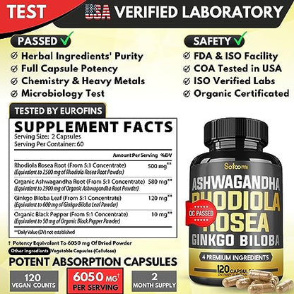 6050mg Rhodiola Rosea Supplement with Ashwagandha Root, Ginkgo Biloba & Black Pepper SatoomiBuy Supplements Australia