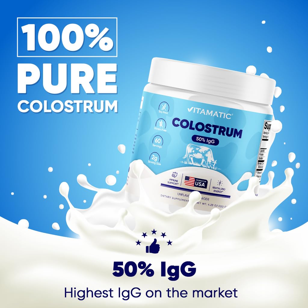 Vitamatic Bovine Colostrum Powder - 50% Highest IgG -120 Gram - Supplement for Gut Health, Hair Growth, Beauty, Muscle Recovery, & Immune Support - Easy to Mix - Unflavored - 60 Servings VitamaticBuy Supplements Australia