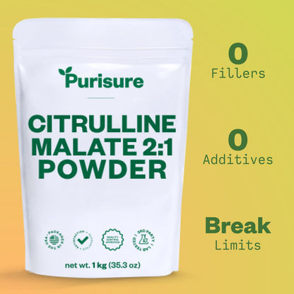 Purisure Citrulline Malate 2:1 Powder, 1 kg, Citrulline Supplement and Citrulline Nitrate for Strength Performance and Energy, Pre-Workout L Arginine L Citrulline Supplement Powder, 334 Servings