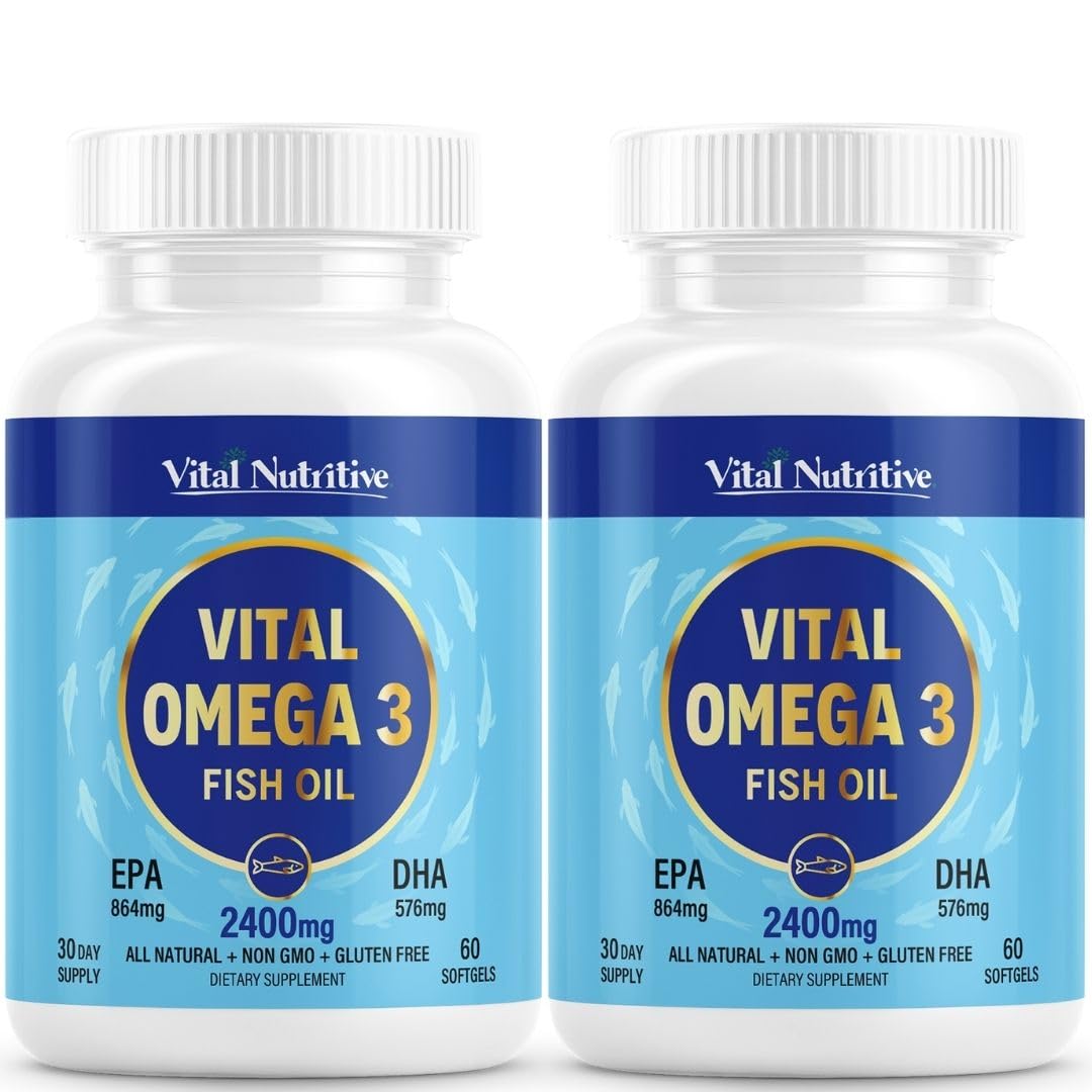Vital Omega 3 Fish Oil Supplements 2400mg | 864mg EPA & 576mg DHA | 1440mg Total Omega-3 Fatty Acids | Promotes Brain & Heart Health | Non-GMO, Gluten-Free, Sugar-Free | Lemon | 60 Day Servings VITAL NUTRITIVEBuy Supplements Australia