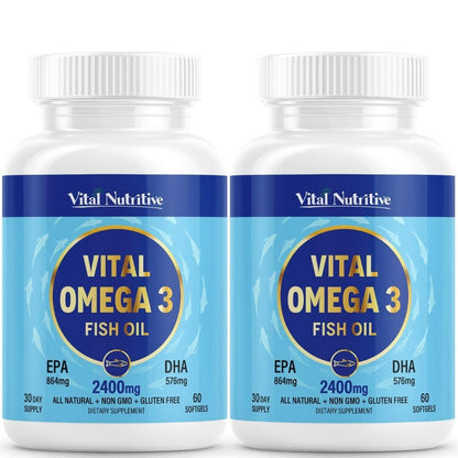 Vital Omega 3 Fish Oil Supplements 2400mg | 864mg EPA & 576mg DHA | 1440mg Total Omega-3 Fatty Acids | Promotes Brain & Heart Health | Non-GMO, Gluten-Free, Sugar-Free | Lemon | 60 Day Servings VITAL NUTRITIVEBuy Supplements Australia