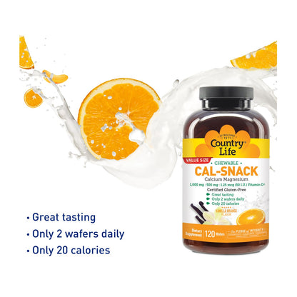 Country Life Cal-Snack - Chewable Calcium Magnesium Supplement wafers with Vitamin D3, Easy to Digest, Vanilla Orange Flavor, Dietary Supplement Country LifeBuy Supplements Australia