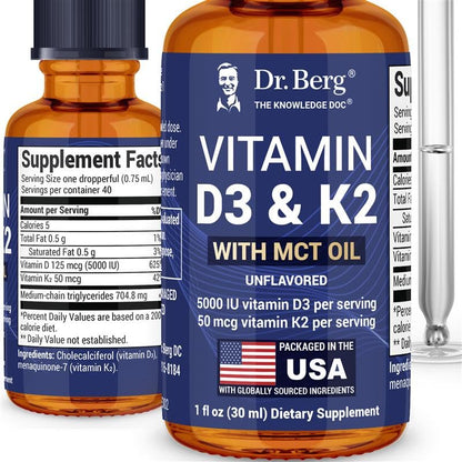 Dr. Berg Maximum Strength Vitamin D3 K2 Liquid Drops with MCT Oil – 5,000 IU Liquid Vitamin D3 with K2 – Supports Strong Bones, Heart, Energy, Immunity, and Overall Vitality* - Unflavored 1 Fl Oz Dr. Berg NutritionalsBuy Supplements Australia