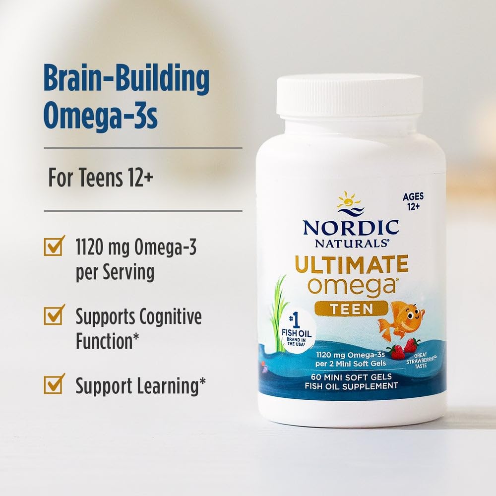 Nordic Naturals Ultimate Omega 2X Teen, Strawberry - 60 Mini Soft Gels - 1120 mg Total Omega-3s with EPA & DHA - Brain Health, Positive Mood, Social Development
