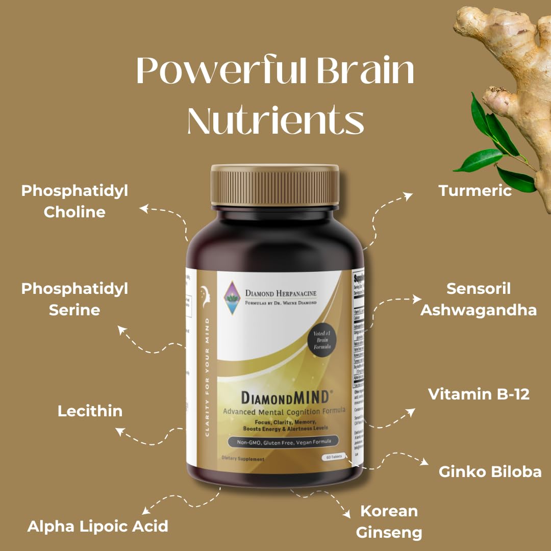 DiamondMIND Brain Support Supplement - Natural Formula for Mental Energy & Cognitive Function - Focus, Clarity, and Memory Supplement - Less Mental Stress - Vegan, Gluten-Free, Dairy-Free - (60 Count) HerpanacineBuy Supplements Australia