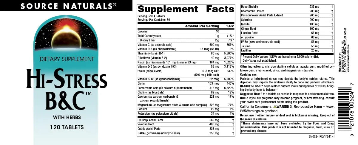 Source Naturals Hi-Stress B&C with Herbs - 120 Tablets Source NaturalsBuy Supplements Australia
