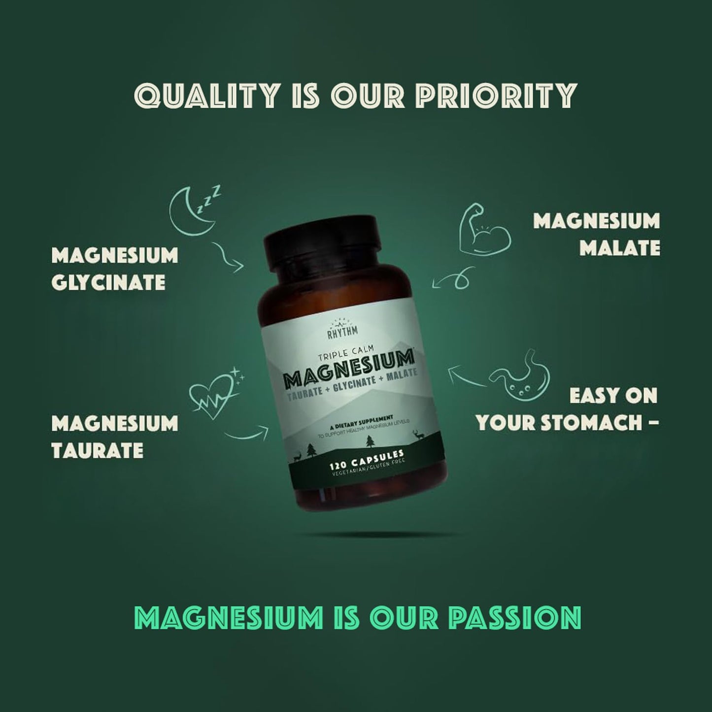 Natural Rhythm Triple Calm Magnesium Complex - 120 Capsules, Chelated Magnesium Glycinate, Taurate & Malate, High Absorption Supplement for Sleep, Stress, Muscle & Heart Support, Non-GMO, Vegan Natural RhythmBuy Supplements Australia
