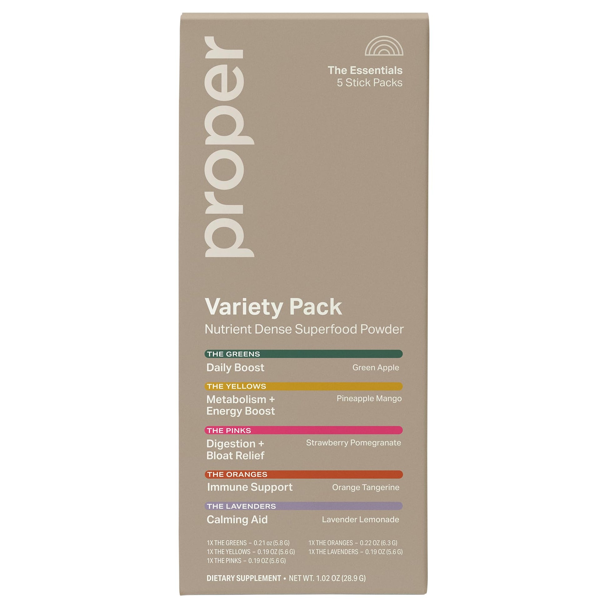 Proper The Essentials Super Foods Powder 5-Stick Variety Pack - Super Greens, Gut Health, Metabolism & Energy, Calm Magnesium Powder & Immune Support Supplement Packs ProperBuy Supplements Australia