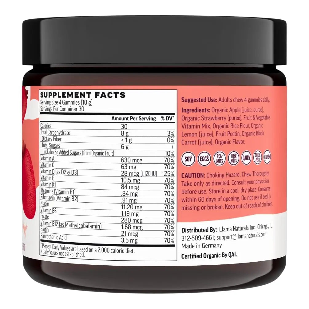 Llama Naturals Multivitamin for Women & Men, Vegan, Organic Gummies with Vitamin D, C & K, Adults Real Fruit Gummy Vitamins Llama NaturalsBuy Supplements Australia