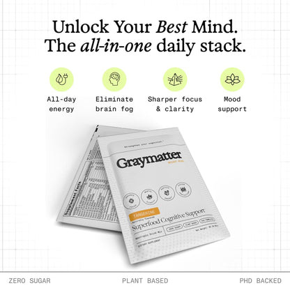 Graymatter Bright Mind Nootropic Powder (6 Travel Packets Variety Pack: Cacao, Tangerine, Strawberry Lemon) – Plant-Based Energy & Focus Drink Mix, Adaptogens & Vitamins, Sugar-Free Daily Supplement GraymatterBuy Supplements Australia