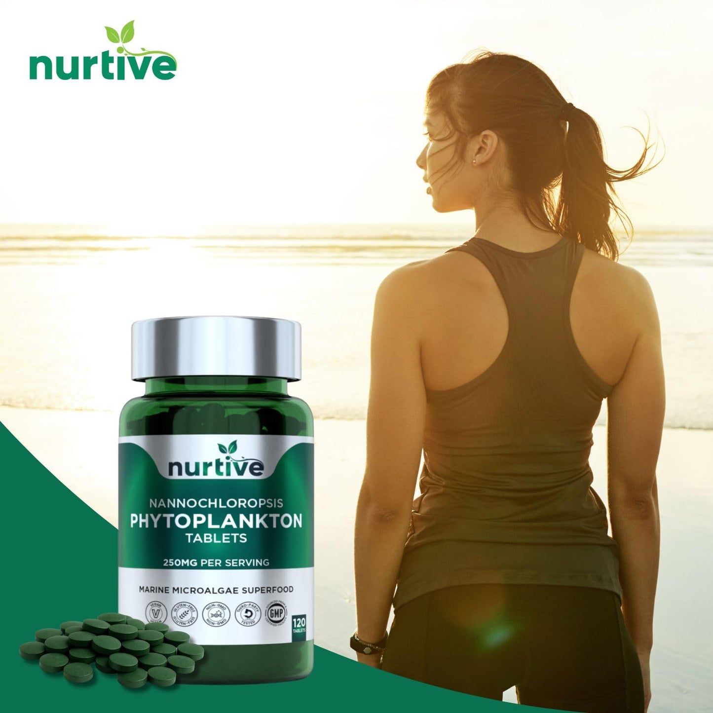 NURTIVE Nannochloropsis Phytoplankton Tablets – 250mg per Serving – Vegan, Gluten-Free, Non-GMO, No Fillers – Third-Party Tested, GMP Certified – 2 Tablets/Day for 2 Month, 120 Tablets/Bottle NURTIVEBuy Supplements Australia