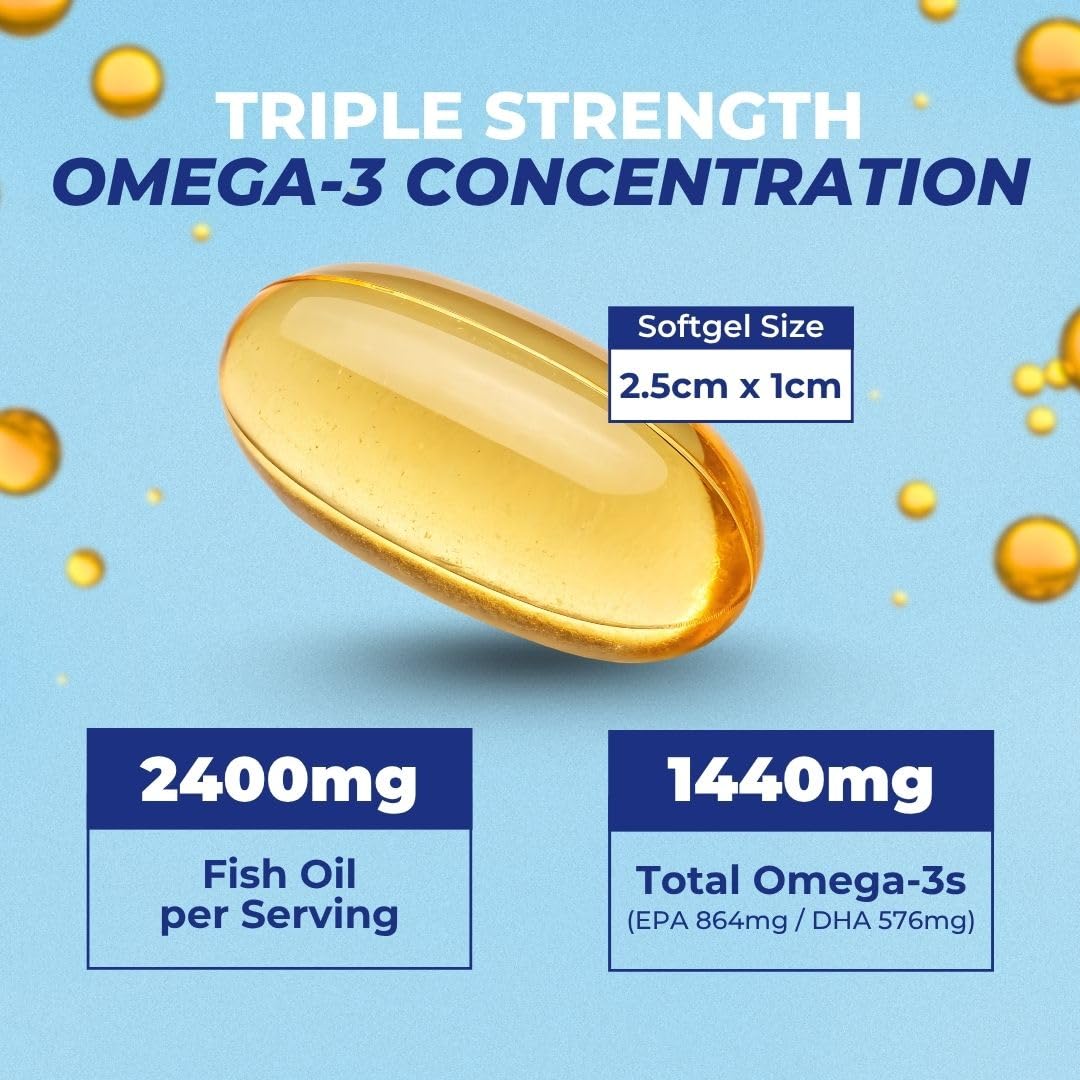 Vital Omega 3 Fish Oil Supplements 2400mg | 864mg EPA & 576mg DHA | 1440mg Total Omega-3 Fatty Acids | Promotes Brain & Heart Health | Non-GMO, Gluten-Free, Sugar-Free | Lemon | 60 Day Servings VITAL NUTRITIVEBuy Supplements Australia