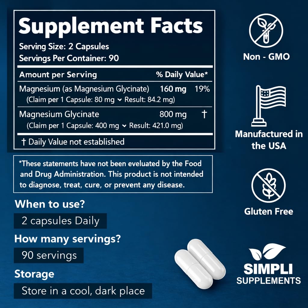 Magnesium Glycinate 400mg per Serving – High Absorption – Gentle on Stomach – Supports Sleep, Relaxation, Muscle, Bone & Immune Health – Non-GMO, Vegan, 180 Capsules Simpli SupplementsBuy Supplements Australia