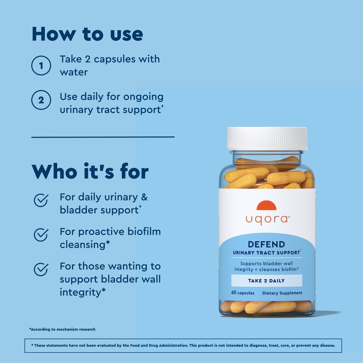 Uqora Defend - Urinary Tract Health Supplement - Support Bladder Health & Cleanse Biofilm* with D-Mannose, Green Tea Extract, Turmeric Extract & More
