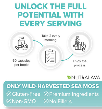 NUTRALAVA Sea Moss Pills, All-in-One Blend with Irish Sea Moss Black Seed Oil Ashwagandha, Sea Moss Capsules for Women and Men - Gluten-Free, Non-GMO, 60 Capsules NUTRALAVABuy Supplements Australia