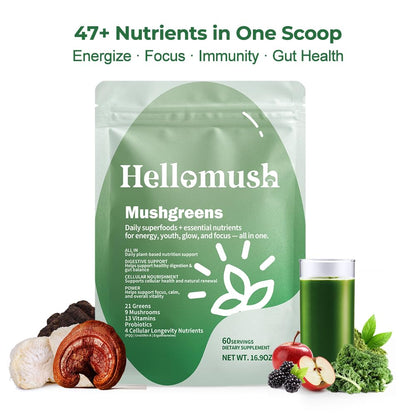 Hellomush Super Greens Powder Superfood, Daily Green Powder Supplement with Probiotics Drink Mix for Men & Women, Blend of Greens, Mushrooms, Vitamins, Probiotics and Cellular Nutrients HellomushBuy Supplements Australia
