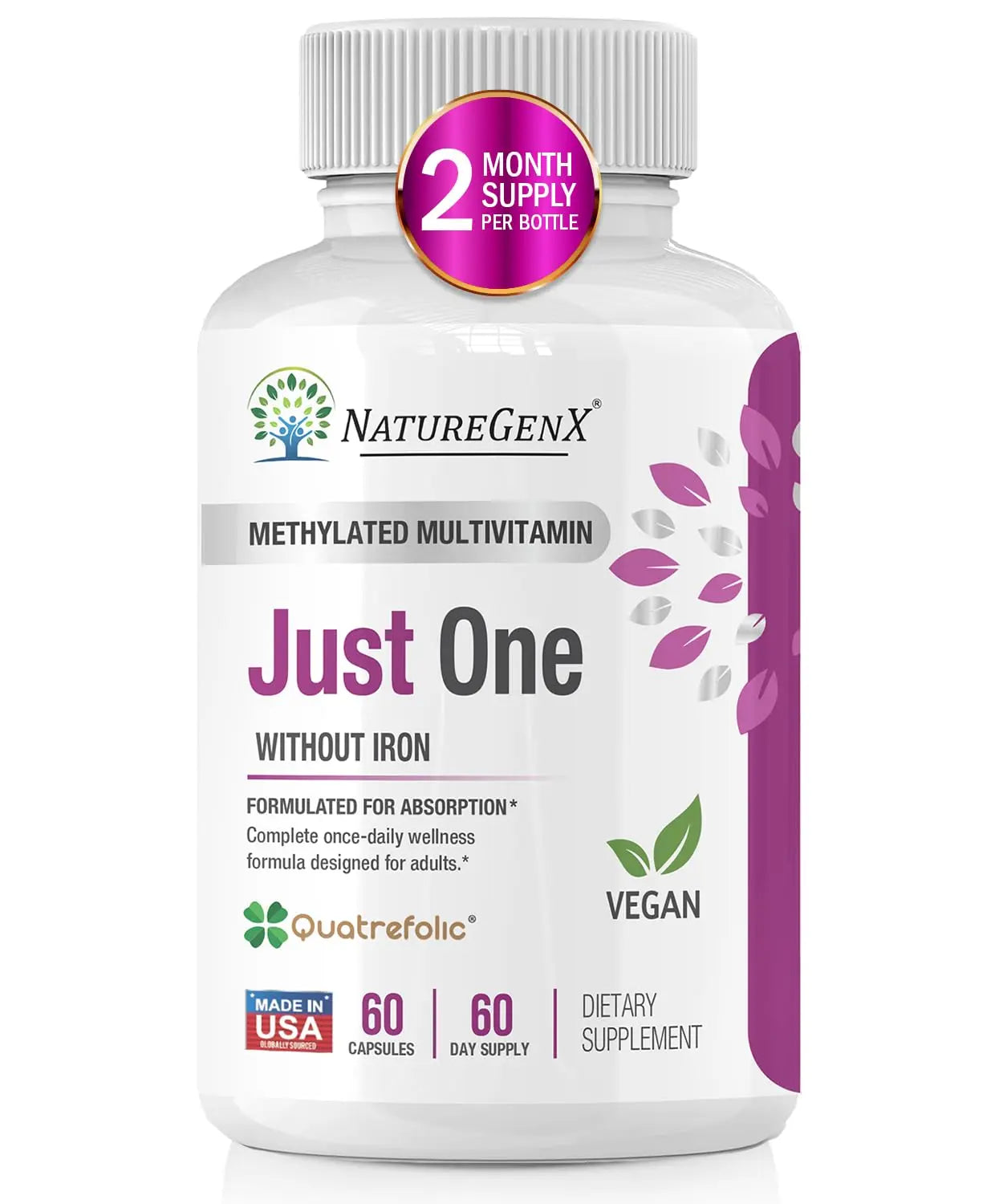 NatureGenX Just One Daily Methylated Multivitamin - 60 Caps Pure Methyl B12, Methylfolate MTHFR Support Supplement Iron Free Methylated Vitamins NatureGenXBuy Supplements Australia