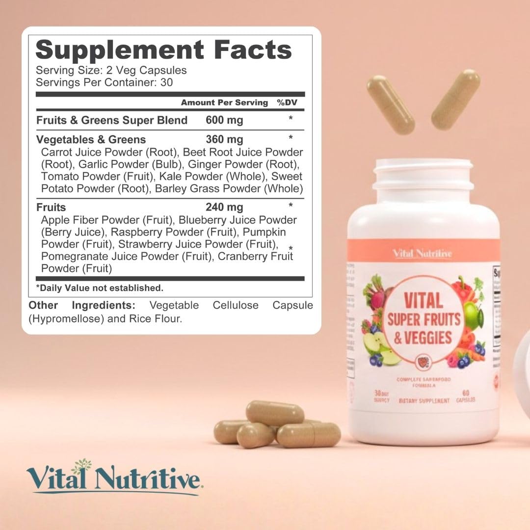 Vital Super Fruits & Veggies - Daily Superfood Capsules for Adults - Fruit & Vegetable Supplements to Boost Immunity & Energy - 2-in-1 Formula for Overall Wellness VITAL NUTRITIVEBuy Supplements Australia