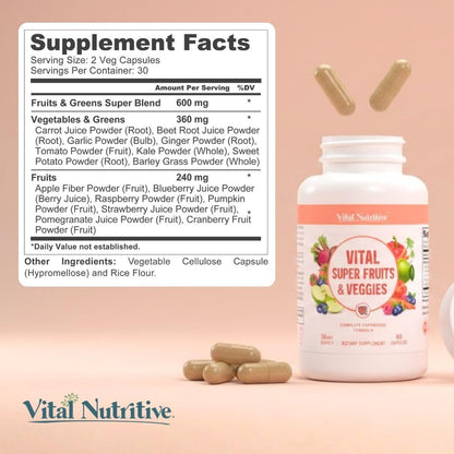 Vital Super Fruits & Veggies - Daily Superfood Capsules for Adults - Fruit & Vegetable Supplements to Boost Immunity & Energy - 2-in-1 Formula for Overall Wellness VITAL NUTRITIVEBuy Supplements Australia