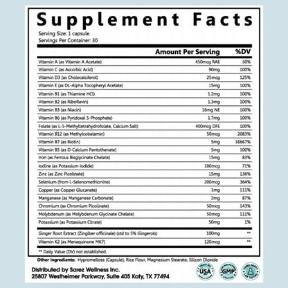 Sarez GLP-1 Support Capsules — Methylated Vitamins & Chelated Minerals — Energy, Metabolism, Hair & Daily Nutrient Support — with Ginger for Nausea — Gentle on Stomach — 30 Day Supply SarezBuy Supplements Australia