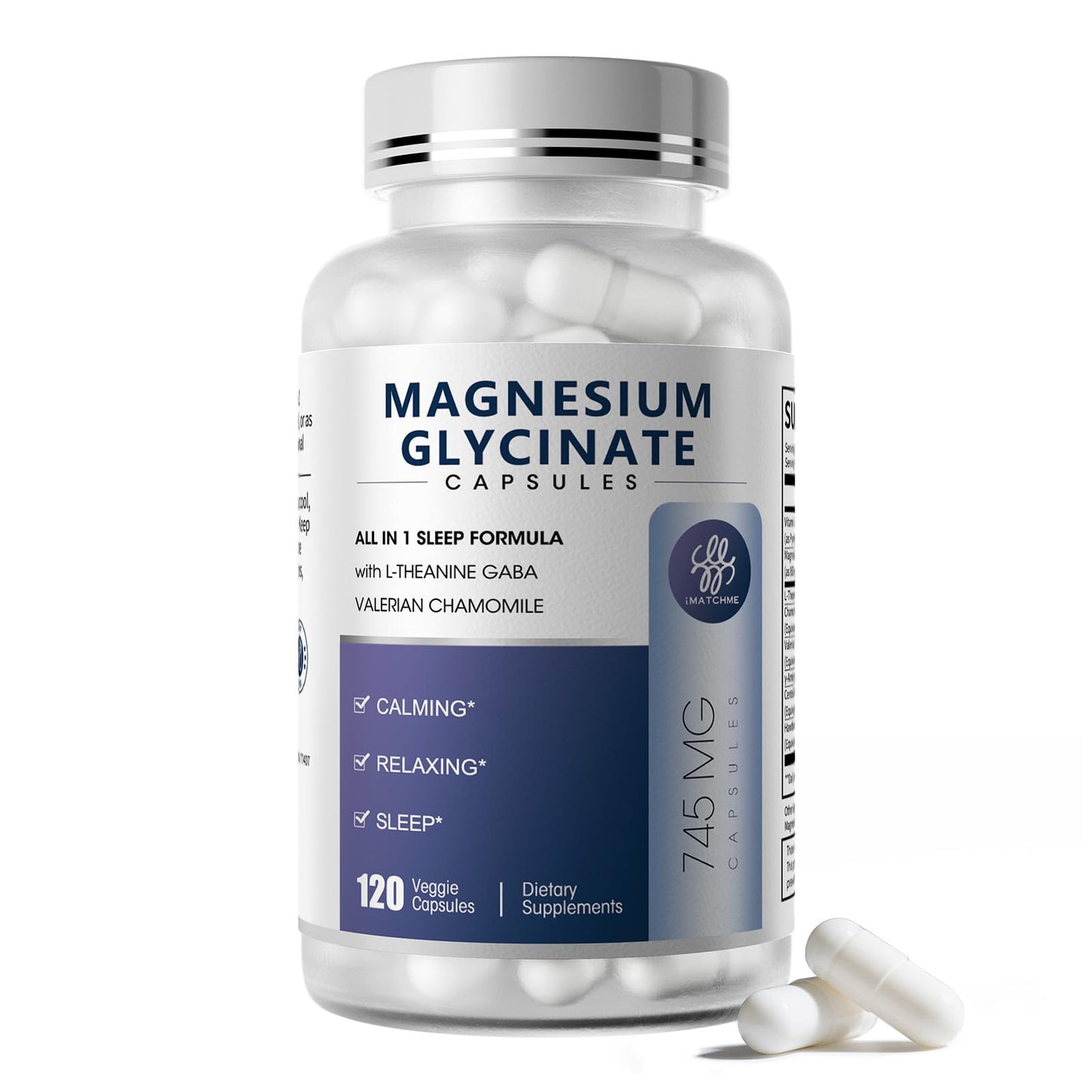 iMATCHME Magnesium Glycinate 850mg Capsules with L-Theanine, Chamomile & GABA for Sleep, Calmness, Muscle, Bone Health & Immune Support, Magnesium for Women and Men,