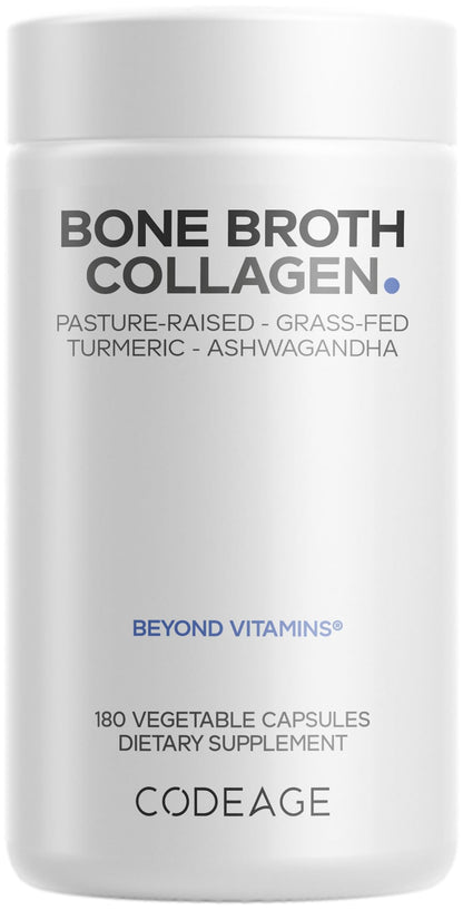 Codeage Organic Bone Broth Collagen Peptides Capsules Supplement, Bone Broth Grass Fed Beef, Free-Range Chicken, Turmeric & Ashwagandha - Collagen Types I, II, III - Non-GMO - 180 Capsules CodeageBuy Supplements Australia