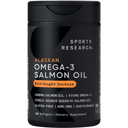 Sports Research® Salmon Oil - Single-Source Wild Alaskan Sockeye | 2500 mg per Serving w/EPA & DHA Fatty Acids | MSC Certified - 180 Count Softgels Sports ResearchBuy Supplements Australia