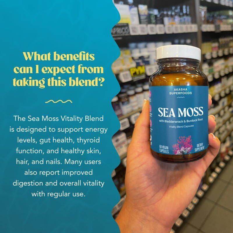 Akasha Superfoods Sea Moss Capsules, Organic Irish Moss with Bladderwrack Root, Burdock Root, and BioPerine, Skin, Thyroid, Digestion & Immunity Support for Women & Men, Gluten Free, Vegan, 60 Count Akasha SuperfoodsBuy Supplements Australia