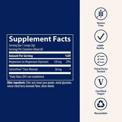 Trace Minerals Magnesium Glycinate Powder - Daily Magnesium Powder for Sleep Support - Calming Bedtime Drink - Natural & Gentle - Mixed Berry Lemonade - 180g (60 Servings) Trace MineralsBuy Supplements Australia