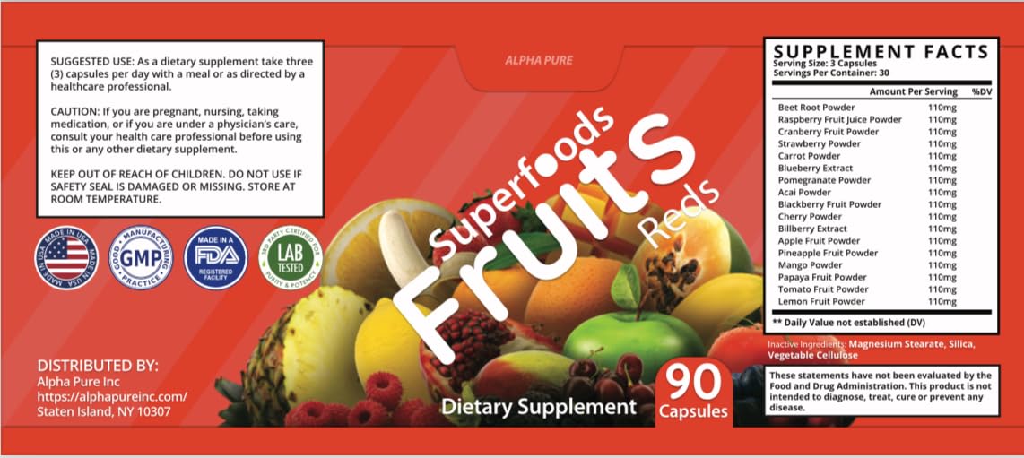 Alpha Pure Superfoods Reds Fruits and Greens 180 Capsules Vegetables Fruits and Veggies Superfood | Natural Balance of 90 Fruit Capsules, 90 Veggie Capsules for Men, Women Vitamins and Minerals Alpha PureBuy Supplements Australia