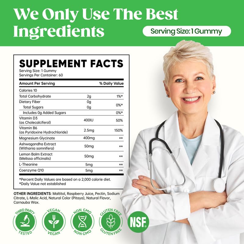 60 Day Supply Magnesium Glycinate 400mg Gummies with Ashwagandha, L-Theanine, CoQ10, Vitamin D3 & B6, Sugar Free Magnesium Gummies for Adults & Kids, Stress Relief, Sleep & Calm, Vegan, Gluten Free Venture PalBuy Supplements Australia