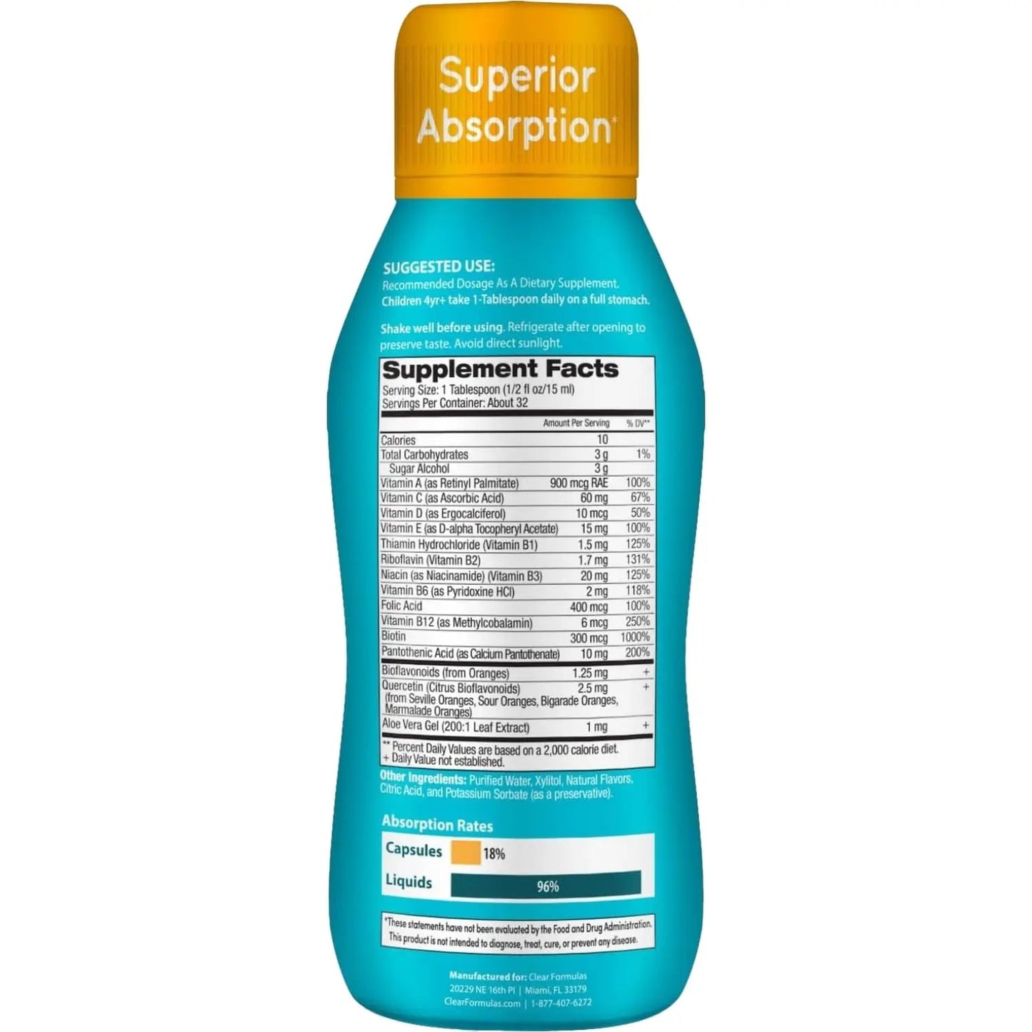 Sugar Free Liquid Multivitamin for Kids - High Absorption Kids Liquid Multivitamin with Vitamins A C D E & B Complex Plus Quercetin Immune Support Complex Clear FormulasBuy Supplements Australia