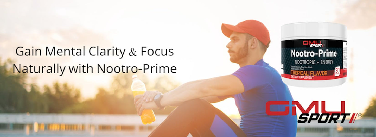 GMU SPORT Nootro-Prime Brain Boost - Focus Brain Supplement - Mushroom Supplement Powder with Alpha GPC, Nootropic Brain Supplements for Memory and Focus with Lions Mane, 30 Servings, Tropical Flavor GMU SPORTBuy Supplements Australia