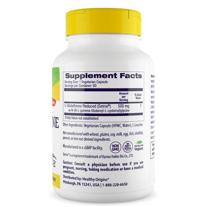 Healthy Origins L-Glutathione 500 mg (Setria, Non-GMO, Gluten Free, Antioxidant, Immune Support, Skin Support), 60 Veggie Caps Healthy OriginsBuy Supplements Australia