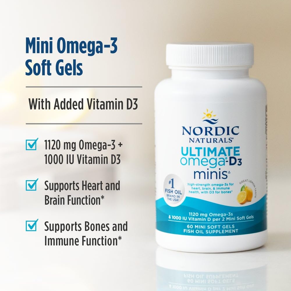 Nordic Naturals Ultimate Omega Mini D3, Lemon Flavor - 60 Mini Soft Gels - 1120 mg Omega-3 + 1000 IU Vitamin D3 - EPA & DHA - Promotes Brain & Heart Health - 30 Servings Nordic NaturalsBuy Supplements Australia