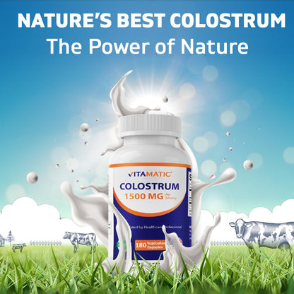 Vitamatic Bovine Colostrum 30% IgG Supplement 1500 mg per Serving - Supplement for Gut Health, Hair Growth, Beauty, Muscle Recovery, & Immune Support - 180 Veg Capsules VitamaticBuy Supplements Australia