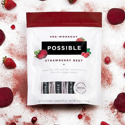 Possible Beet Pre-Workout - Strawberry Beet Flavor - Individually Wrapped Servings - Contains B-Vitamins and Green Tea Caffeine Extract - Source of Nitrates - 1 Bag, 20 Stick Packs