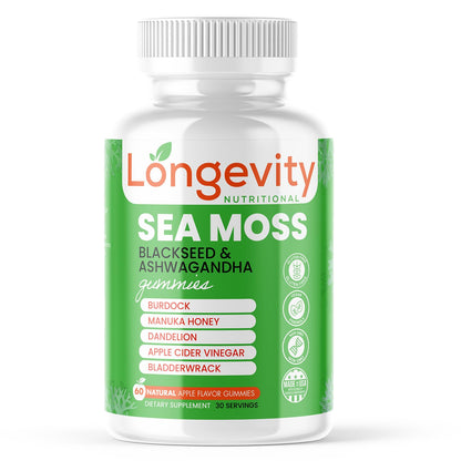 Longevity Nutritional Sea Moss, Thyroid Energy Vitamins Mineral Burdock Manuka Honey Dandelion Apple Cider Bladderwrack Ashwagandha Extract Turmeric Antioxidant Boost Immune Superfood Gummies Longevity NutritionalBuy Supplements Australia