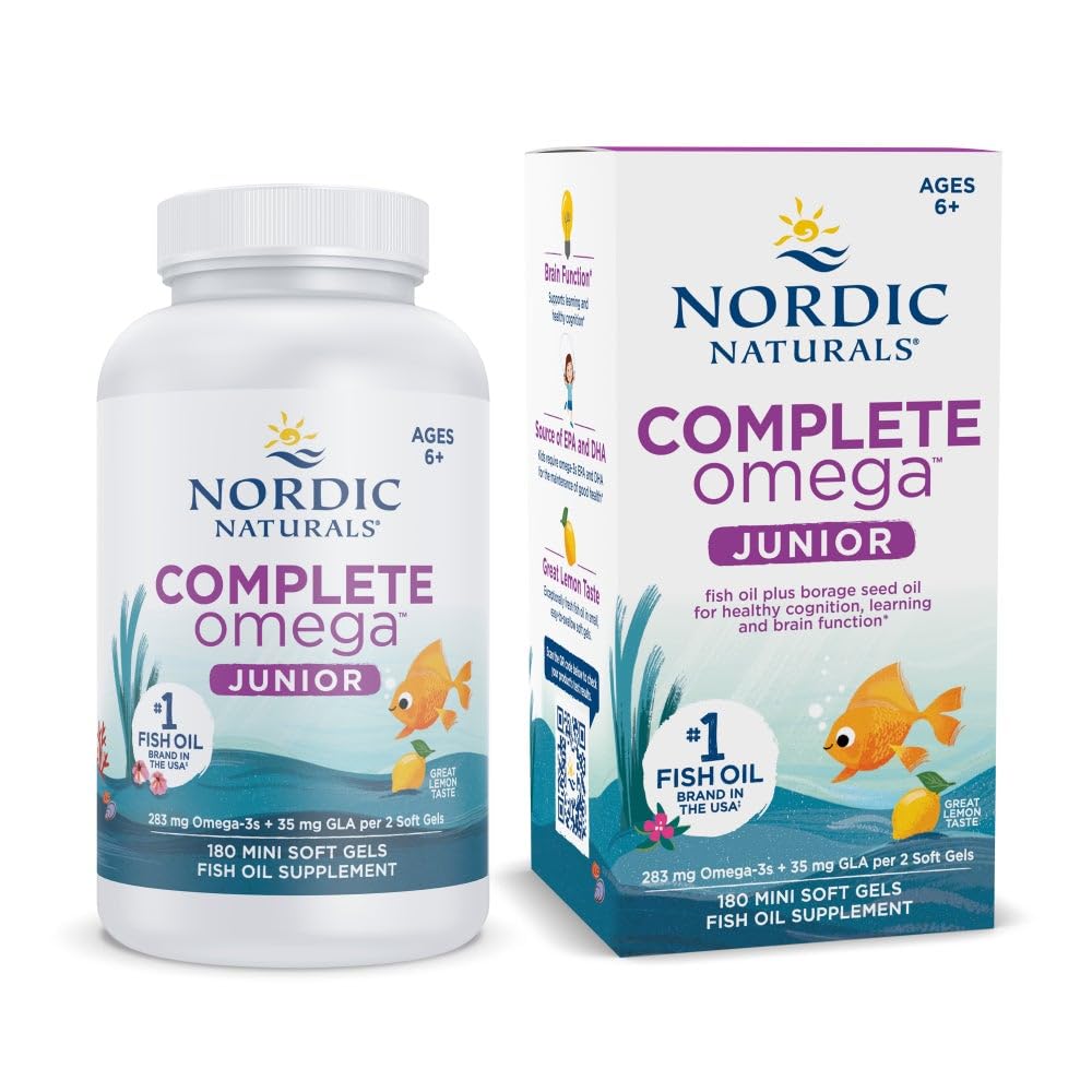 Nordic Naturals Complete Omega Jr., Lemon - 180 Mini Soft Gels - 283 mg Total Omega-3s & 35 mg GLA - Healthy Cognition, Nervous System Function - Non-GMO - 90 Servings Nordic NaturalsBuy Supplements Australia
