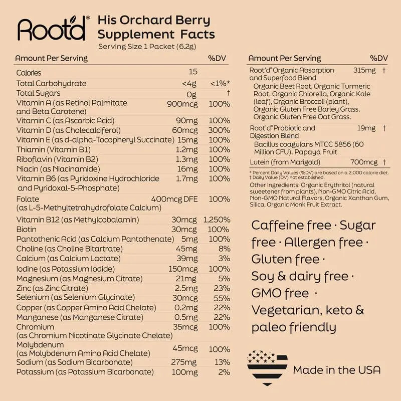 Root'd Multivitamin Powder for Men - 24 Vitamins & Minerals with 3X Electrolytes, 9 Organic Superfoods, Probiotics & Enzymes Root'd