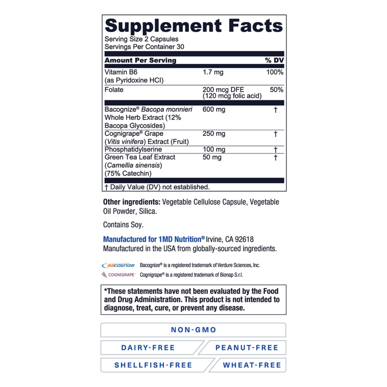 1MD Nutrition MindMD - Brain Supplement for Memory and Focus - Bacopa Monnieri for Nootropic Brain Support - Brain Health Supplement for Adults - with Vitamin B6 & Green Tea Extract - 60 Caps 1MD NutritionBuy Supplements Australia