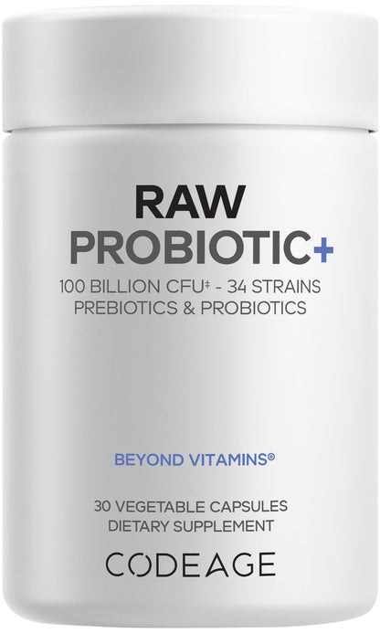 Codeage Raw Probiotic+ Supplement - 34 Probiotic Strains, 100 Billion CFUs, Raw Whole Food Probiotics, Digestive Enzymes, Raw Fruits & Veggies Prebiotics - Wild Kefir Culture - Non-GMO - 30 Capsules CodeageBuy Supplements Australia
