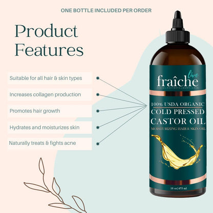 Live Fraiche USDA Organic Cold Pressed Castor Oil (16oz), 100% Pure, Hexane-Free Castor Oil Live FraicheBuy Supplements Australia