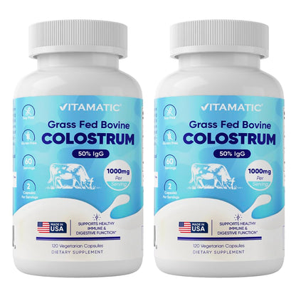 Vitamatic Bovine Colostrum Supplement 1000 mg per Serving - 50% Highest IgG - Supplement for Gut Health, Hair Growth, Beauty, Muscle Recovery, & Immune Support - 120 Capsules - 2 Pack VitamaticBuy Supplements Australia