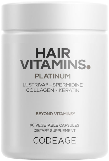 Codeage Hair Vitamins Platinum - Lustriva Hair Growth Support, Spermidine, AstraGin, Biotin, Keratin, Collagen, Enzymes, Omega-3, Multivitamins, Probiotics – Healthy Hair Supplement - 90 Capsules CodeageBuy Supplements Australia