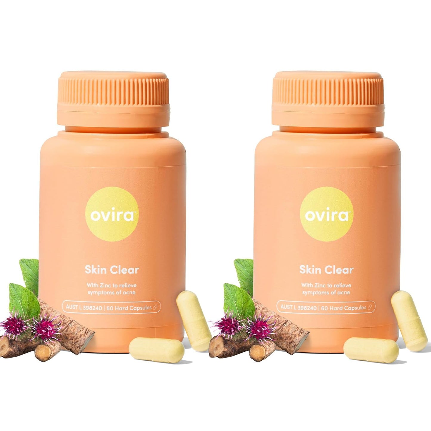 Ovira Skin Clear with ZINCBRIGHT - 60 Capsules for Clear and Glowing Skin | Rosacea & Hormonal Acne Treatment | Support Collagen Production | Acne Supplements for Women & Men - Pack of 2 OviraBuy Supplements Australia